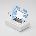3D Laptop with Floating Code Snippets and Magnifying Glass on White Pedestal computer coding Royalty Free Stock Photo