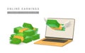 3D laptop with flying green dollar stack in cartoon style. Online earnings. Vector illustration Royalty Free Stock Photo
