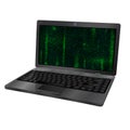 3d laptop with green matrix background on screen. on w