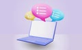 3d laptop icons, speech bubble in notebook. Discussion screen render illustration, balloon for speech, online talk and