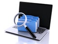 3d laptop, magnifying glass and computer files