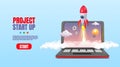 3d laptop. Rocket launch on screen, business startup start banner for creative project, web design template. Startup