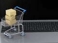3d Laptop with Shopping cart and cardboard boxes Royalty Free Stock Photo