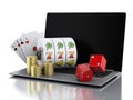 3d Laptop with slot machine, dice, cards and gold coins. Royalty Free Stock Photo