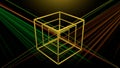 3d laser show with rotating wireframe cube, color changing object with colorful rays on black background, disco or