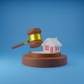 3D Lawyer and 3D Real Estate concept. House model and Hammer Lawyer. 3d render illustration.