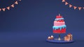 3D Layered Delicious Cake With Lit Candle Over Table With Gift Boxed, Cupcakes, Bunting Flags And Copy Space On Blue