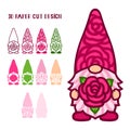 3D layered gnome with rose. Valentines Day. Love symbols