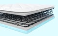 3d layered sheet material mattress with air fabric, coil spring, memory foam, soft sponge isolated on blue background. 3d render