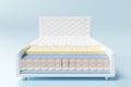 3d layered sheet material mattress with air fabric, pocket springs, natural latex, memory foam isolated on blue background. 3d