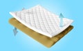 3d layered sheet material mattress with soft sponge, fabric, rubber, arrow isolated on blue background. minimal abstract, 3d