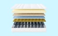 3d layered sheet material mattress structure with air fabric, coil spring, natural latex, memory foam, soft sponge isolated on