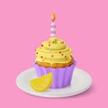 3d Lemon Cupcake with Candle Sweet Dessert Food Cartoon Style. Vector