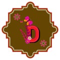 Letter D. Alphabet d sticker. Floral type with butterflies. Lotus and ethnic pattern frame label vector for banners.
