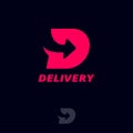 D letter with arrow. Delivery logo. D monogram with arrow, isolated on a dark background.