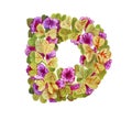 D letter, beautiful initial of purple flowers similar to violets. Lush flowering element for summer design. Watercolor