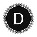 D letter in circle frame in floral ornament style on black color and white background