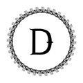 D letter in circle frame in floral ornament style on black color and white background