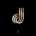 D letter. D monogram consist of golden bent strips or ribbons.