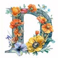 D letter with summer field flowers. AI generated. Royalty Free Stock Photo