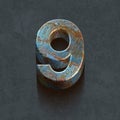 3d letters, number nine on a rusted metal surface, 3d render
