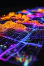 3D LiDAR GIS aerial map model showcasing elevation and topography with color-coded height variations overlaid with grid lines