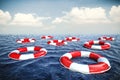 3d life buoys and blue ocean with blue sky