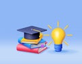 3D Light Idea Bulb with Graduation Cap and Books Royalty Free Stock Photo