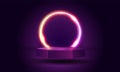 3D light neon podium. Cyberpunk exhibition showcase. Empty blue platform or product scene. Glowing ring. Purple gradient