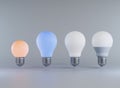 3D lightbulbs, energy power consumption concept.Realistic illuminating elements on white background. 3D Rendering illustration