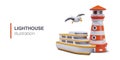 3D lighthouse, yacht, seagull. Sea travel concept. Ocean tour