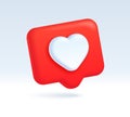 3d like icon, red speech bubble with heart symbol. Social media post notification, online communication chat element vector