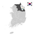 Location of Gangwon on map South Korea. 3d location sign similar to the flag of Gangwon. Quality map with provinces of South Ko