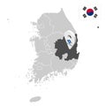 Location of North Gyeongsang on map South Korea. 3d location sign similar to the flag of Gyeongsangbuk-do. Quality map with prov