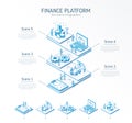 3d line isometric finance platform infographic template. Bank data analysis, presentation layout. 5 option steps