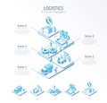 3d line isometric Global Logistics infographic template. Import, export presentation layout. 5 option steps, process