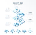 3d line isometric innovative creative idea infographic template. Startup, teamwork presentation layout. 5 option steps