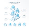 3d line isometric online education infographic template. elearning platform presentation layout. 5 option steps, process