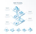 3d line isometric way to goal infographic template. Development process presentation layout. 5 option steps, process