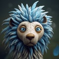 Clay 3d Lion Figurine With Blue Feathers In The Style Of Cyril Rolando