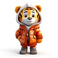 3D lion character dressed in a cozy winter coat, skillfully isolated against a clean white background.