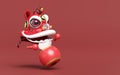 3d lion dance head with chinese drum, sticks for festive chinese new year holiday. 3d render illustration