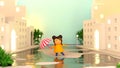 3D Little Girl Holding Umbrella At Water Road And Buildings