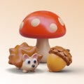 3D little hedgehog near giant amanita and acorn. Edible and poisonous natural products