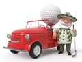3d little man golfist by car Royalty Free Stock Photo