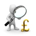 3d Little man magnifies UK Pounds currency symbol