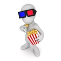3d Little person wearing 3d glasses and eating popcorn at the cinema