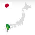 Location of Prefecture Miyazaki on map Japan. 3d Miyazaki location mark. Quality map with regions of Japan for your web site desi
