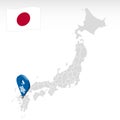 Location of Prefecture Fukuoka on map Japan. 3d Fukuoka location mark. Quality map with regions of Japan for your web site design