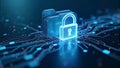 A 3D locked folder icon surrounded by streams of glowing data and binary code, symbolizing secure file storage, data privacy, and